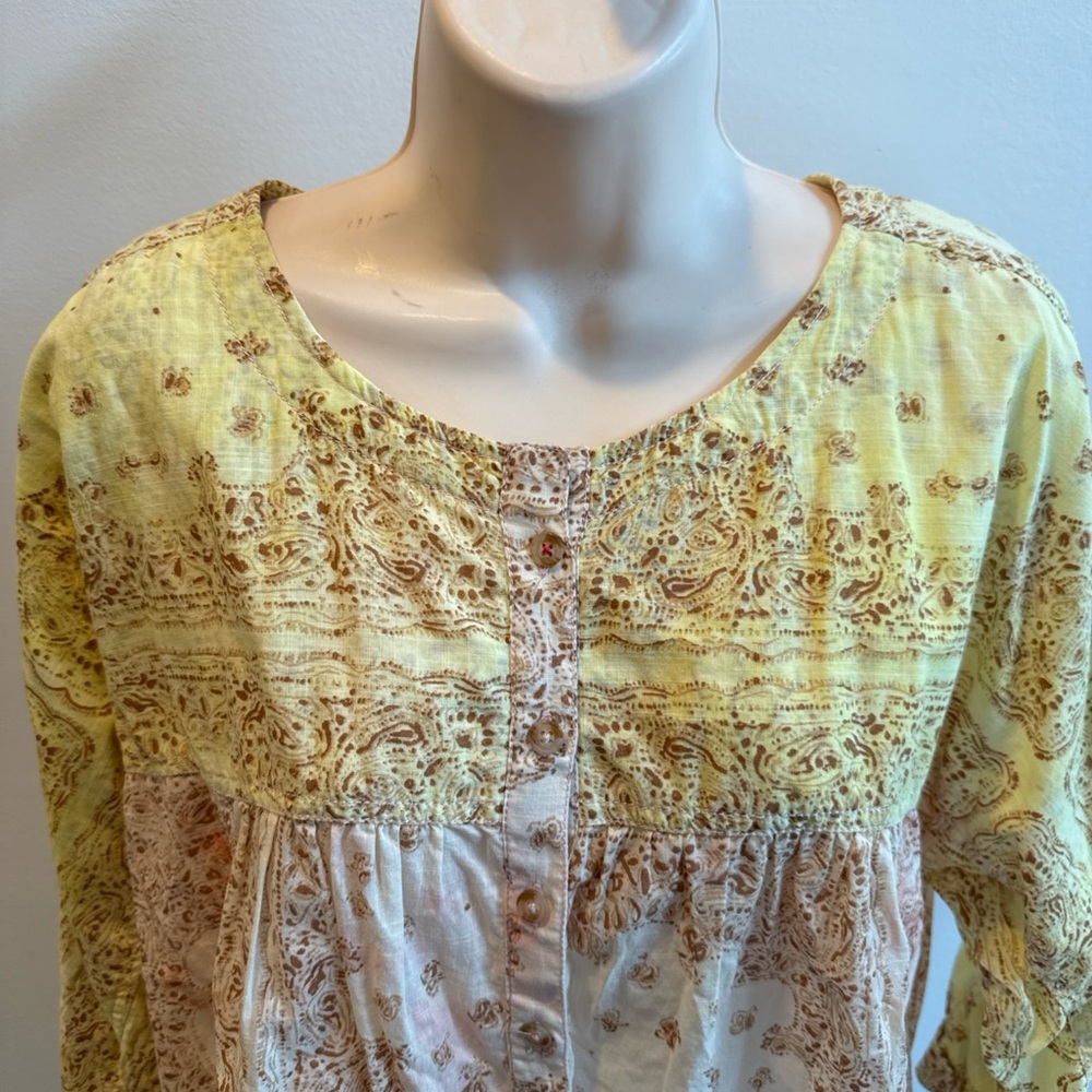 Pilcro Anthropologie Yellow and Pink Patchwork Blouse The Tavi Batik Button Top - Picture 6 of 11
